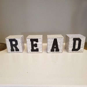 Book Page Read Blocks, Word Blocks READ, Reader Gift, Bookshelf Decor, Bookish Decoration, Ready to Ship, Book Nook MarjorieMae