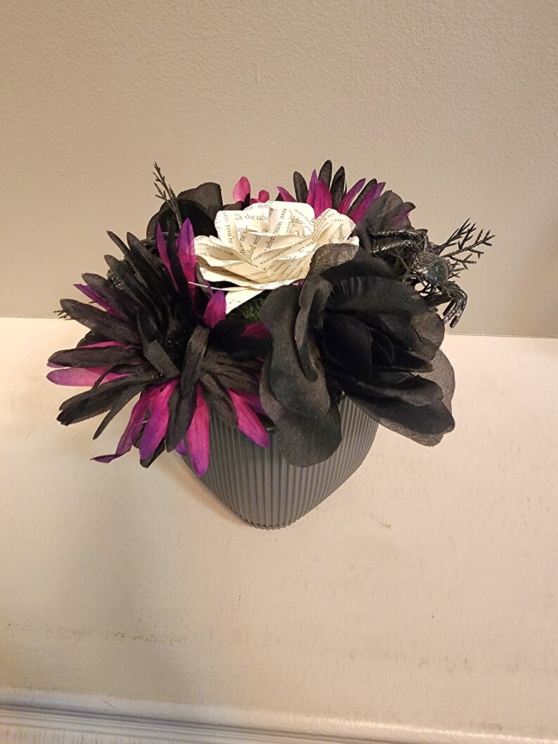 Halloween Book Page Flower Arrangement, Black and Purple Flower