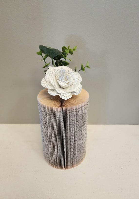 Book Page Flower in Folded Book Vase, Neutral Decor, Book Decor, Shabby Chic, Bookish, Ready to Ship, Book Nook MarjorieMae