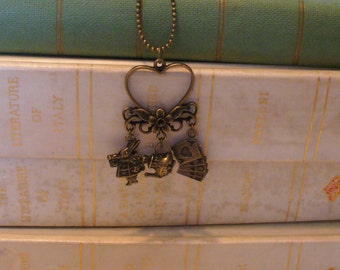 Book Nook Necklace, Rabbit, Tea Pot, Playing Cards, and Heart Chandelier Alice in Wonderland Inspired, Story Necklace, Lewis Carroll