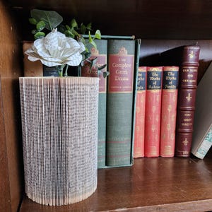 Puede incluir: Una flor de papel blanca con hojas verdes en un jarr&oacute;n de libro en una estanter&iacute;a de madera. El jarr&oacute;n est&aacute; hecho de un libro cuyas p&aacute;ginas est&aacute;n dobladas para crear una forma cil&iacute;ndrica. Hay varios libros en la estanter&iacute;a detr&aacute;s del jarr&oacute;n, incluyendo "The Complete Greek Drama" y "The Works of Balzac".