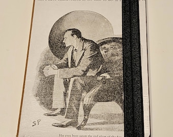 May include: A black and white illustration of a man sitting in a chair, looking to the left. The caption below the image reads "His eyes bent upon the red glow of the fire."