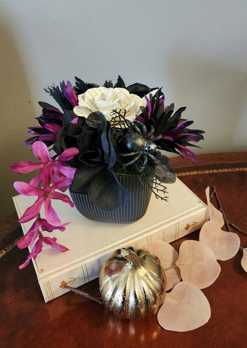 Halloween Book Page Flower Arrangement, Black and Purple Flower