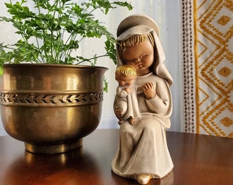 Mary and Baby stylized figurine, serene mid century vintage painted ceramic statue of the virgin and child