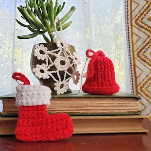 Crocheted Christmas Ornaments set of 3, vintage handmade stocking, bell, & snowflake, retro red and white