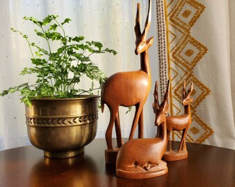 Gazelle Trio, vintage mid century carved wood antelope family