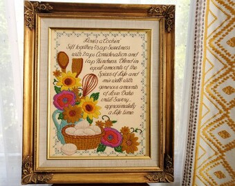 Recipe for Love needlepoint, mid century vintage Love's a Cookin large framed and completed crewel