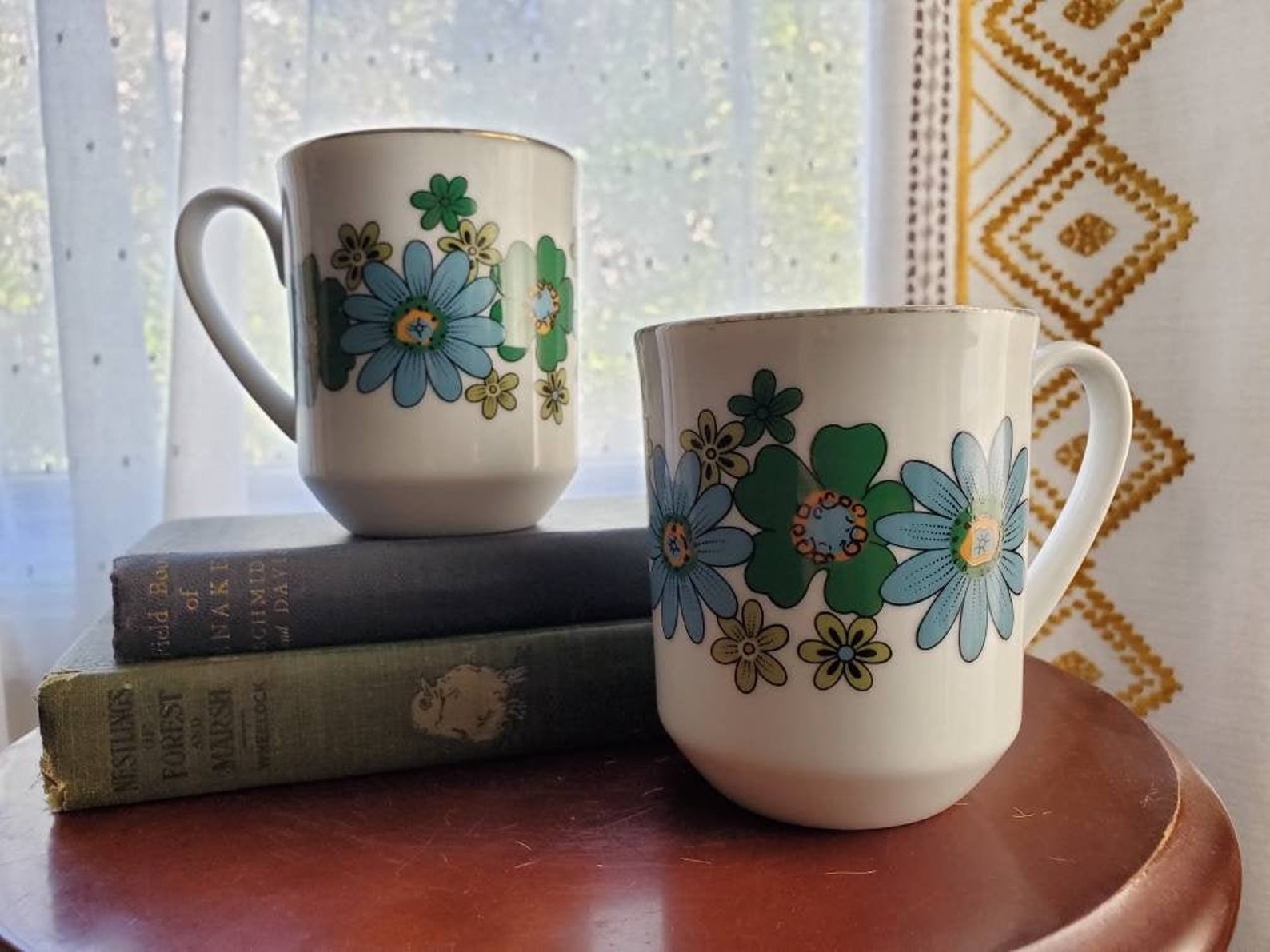 Woodland Daisy Mugs Pair of Mid Century Vintage Blue and Etsy