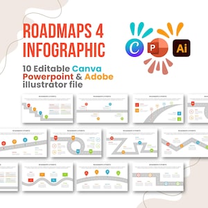 May include: A digital infographic template set titled ROADMAPS 4 INFOGRAPHIC, featuring 10 editable slides for Canva, PowerPoint, and Adobe Illustrator. The display shows various road-themed diagrams with four points, colorful markers, and text.