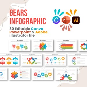 Editable Gears Infographic Bundle | 30 Canva & Illustrator Templates (Digital Download) | Process, Workflow and Mechanism Diagrams