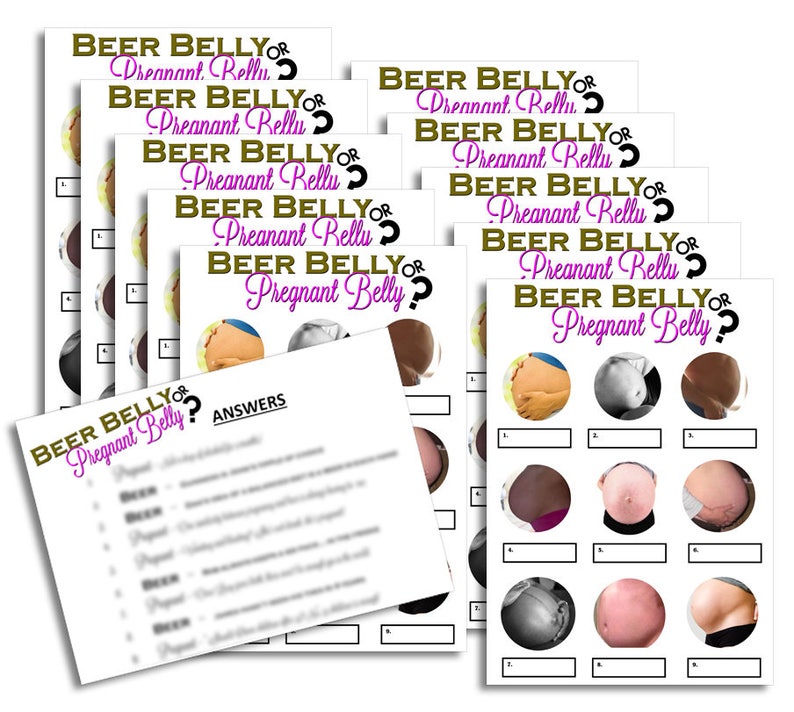 10 Pack of Beer Belly or Pregnant Belly Baby Shower Game Idea Quiz Boy Girl...