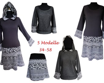 Sewing pattern + picture sewing instructions ebook size 34-58, sweat dress, hooded dress, skirt, cuffed skirt, hoodie, dress, women, sweat, sweater