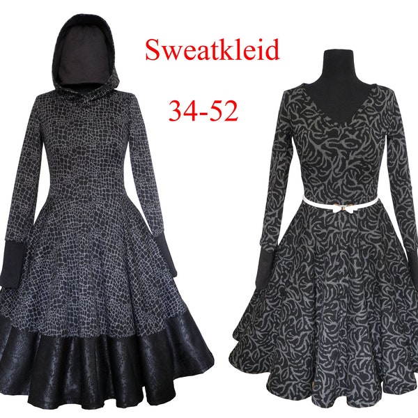 A4+A0 Schnittmuster+Bildnähanleitung,Gr.34-52,ebook,Sweatkleid,Kapuzenkleid,50ies,Tellerrock,Damenkleid,Hoodie,vintagekleid,Kleid