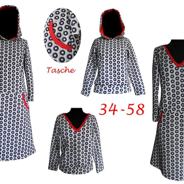 Sewing pattern + picture sewing instructions size 34-58 ebook sweater, sweat, hoodie, sweat dress, hooded dress, hoodie, A-line