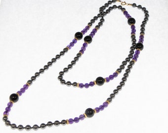 Amethyst  Hematite & Onyx Beaded Necklace