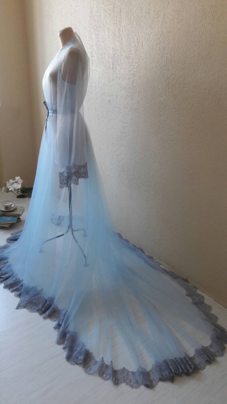 Blue boudoir dress, Tulle boudoir gown, Long sleeve bridal gown, Boudoir gown, Luxury boudoir robe, Bridal nightgown, Bride morning image 5