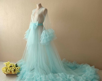 Sky blue boudoir dress, Desing with cloud, Tulle wedding dress, Couture dress, Fairy wedding dress, Wedding day gown, Bride morning, Boudoir gown