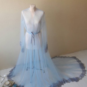 Blue boudoir dress, Tulle boudoir gown, Long sleeve bridal gown, Boudoir gown, Luxury boudoir robe, Bridal nightgown, Bride morning image 2