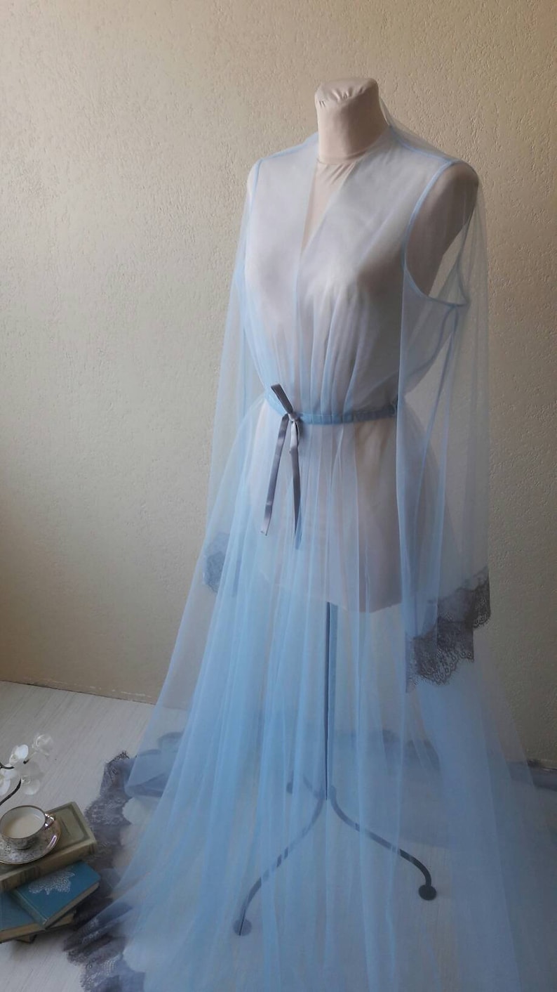 Blue boudoir dress, Tulle boudoir gown, Long sleeve bridal gown, Boudoir gown, Luxury boudoir robe, Bridal nightgown, Bride morning image 4