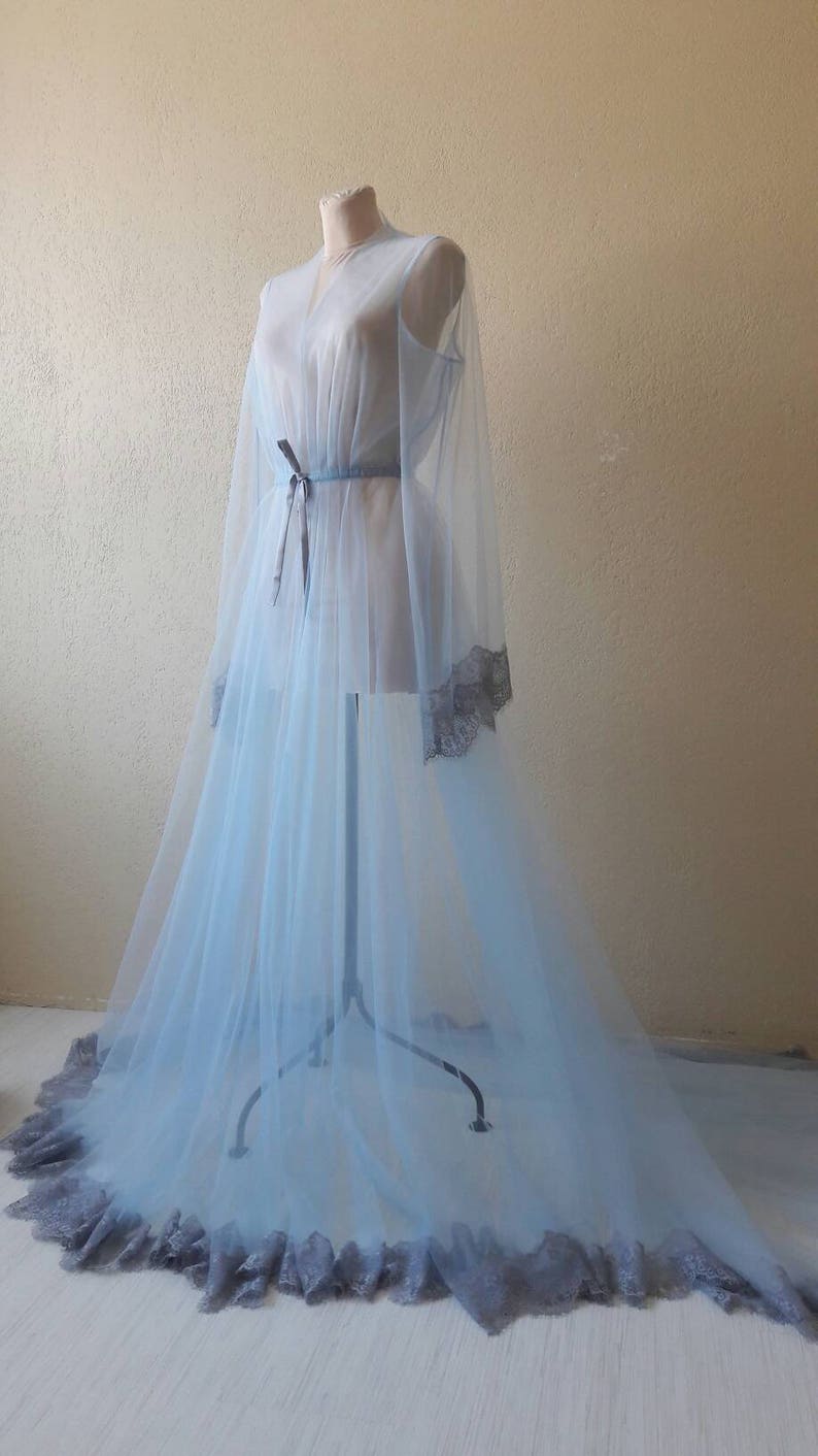 Blue boudoir dress, Tulle boudoir gown, Long sleeve bridal gown, Boudoir gown, Luxury boudoir robe, Bridal nightgown, Bride morning image 3