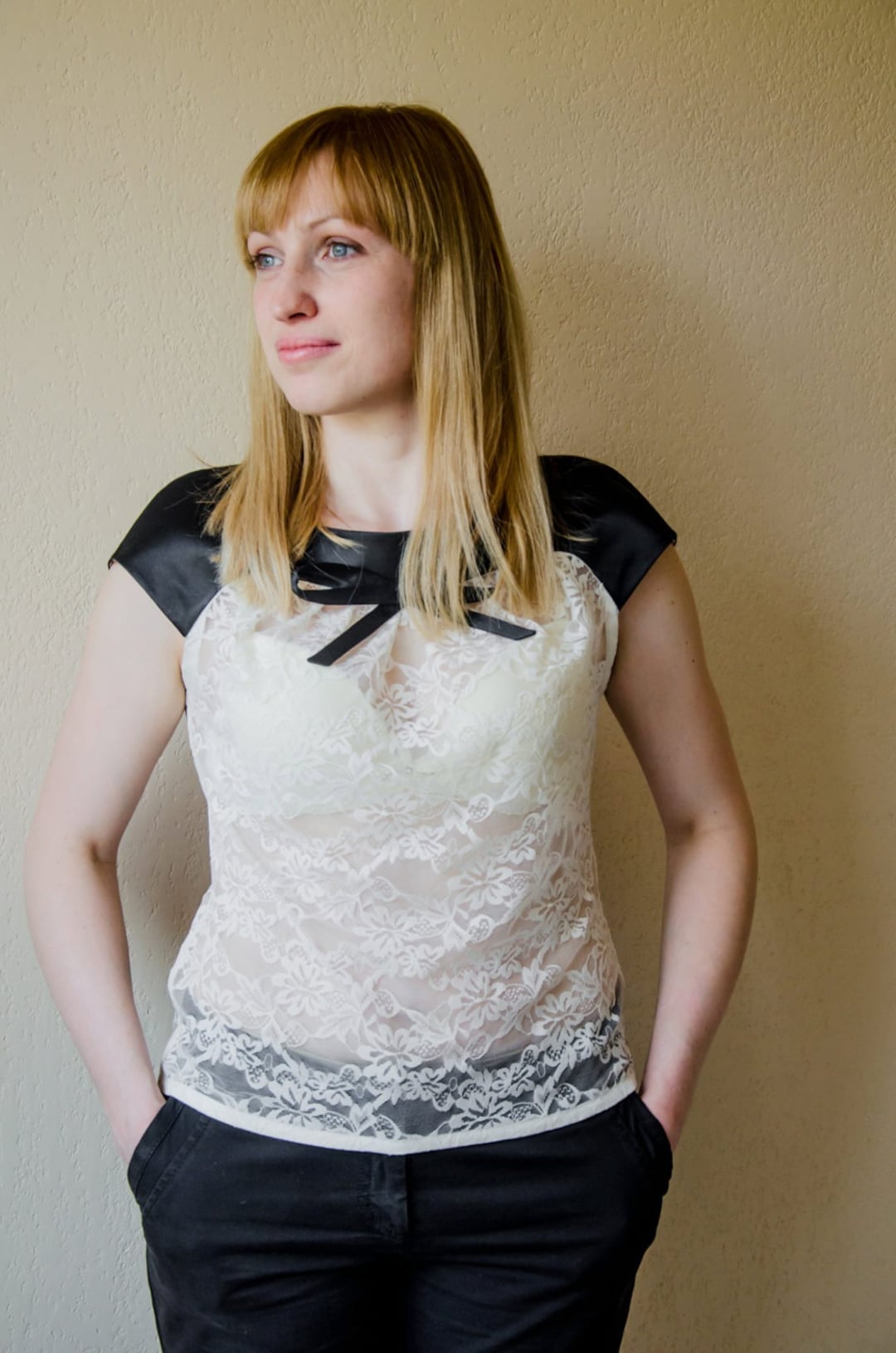Ivory Pink Floral Button Yoke Blouse