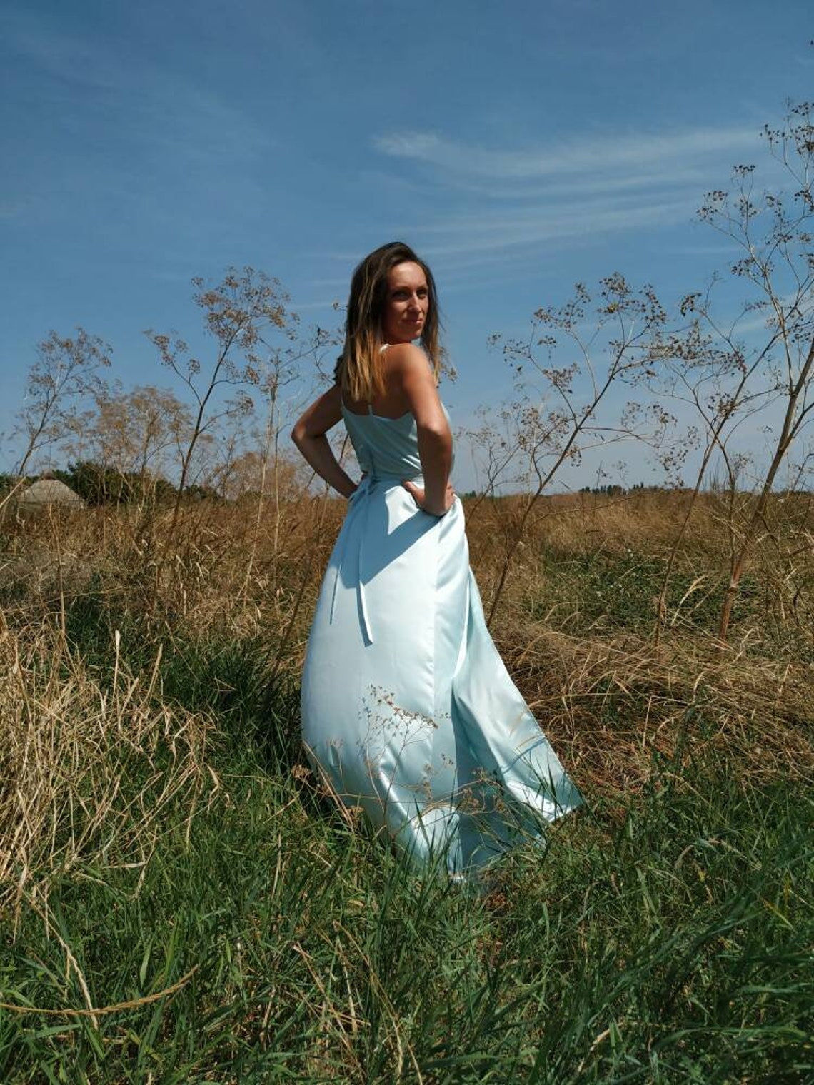 sky blue silk gown
