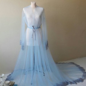 Blue boudoir dress, Tulle boudoir gown, Long sleeve bridal gown, Boudoir gown, Luxury boudoir robe, Bridal nightgown, Bride morning image 1