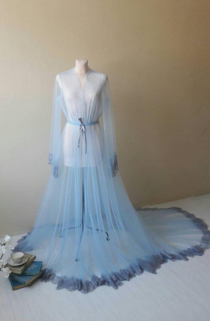Blue boudoir dress, Tulle boudoir gown, Long sleeve bridal gown, Boudoir gown, Luxury boudoir robe, Bridal nightgown, Bride morning image 1
