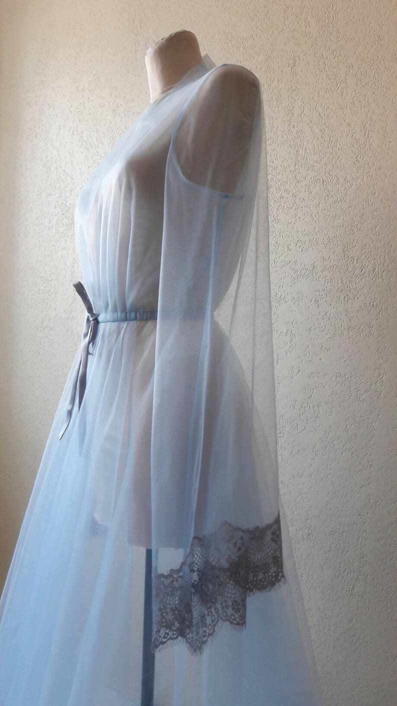 Blue boudoir dress, Tulle boudoir gown, Long sleeve bridal gown, Boudoir gown, Luxury boudoir robe, Bridal nightgown, Bride morning image 6