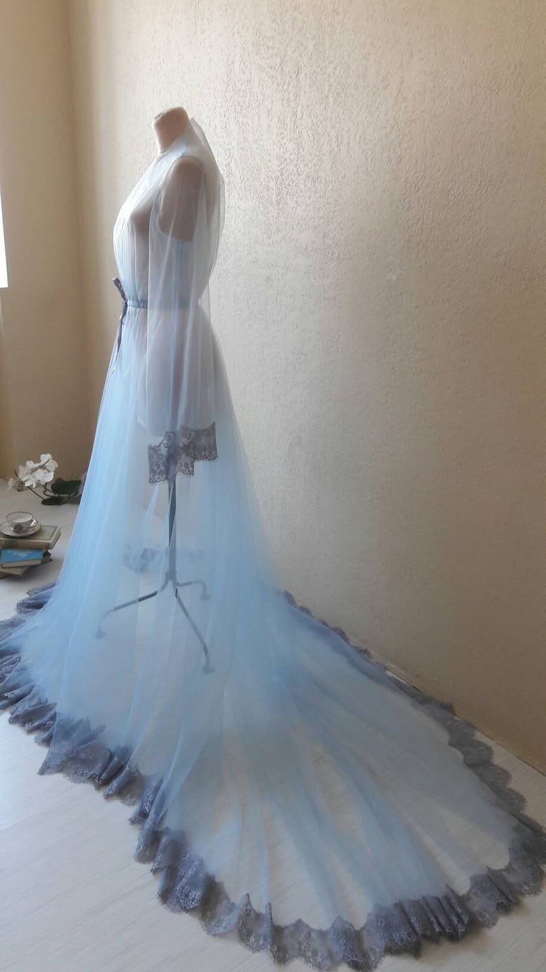 Blue boudoir dress, Tulle boudoir gown, Long sleeve bridal gown, Boudoir gown, Luxury boudoir robe, Bridal nightgown, Bride morning image 10