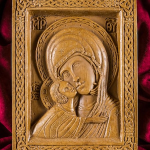 Virgin Madonna & Child (Sweetly Kissing Madonna) Panagia Glikofilousa Aromatic Wall Icon Plaque made with pure beeswax mastic and incense