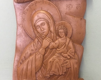 Large Greek Orthodox Icon Panagia Paramythia Our Lady of Confort Wall Plaque made with pure beeswax mastic and incense
