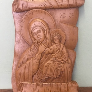 Large Greek Orthodox Icon Panagia Paramythia Our Lady of Confort Wall Plaque made with pure beeswax mastic and incense