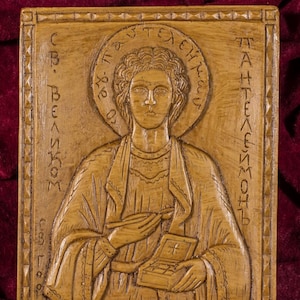 St Saint Panteleimon Pantaleon Aromatic hand-carved Christian Wall Icon Plaque made with pure beeswax mastic and incense image 1