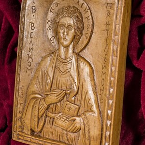 St Saint Panteleimon Pantaleon Aromatic hand-carved Christian Wall Icon Plaque made with pure beeswax mastic and incense image 3