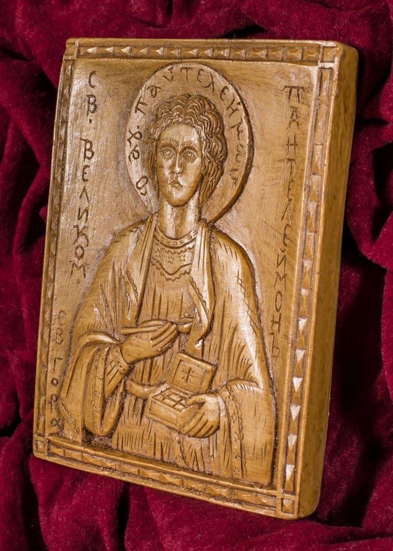 St Saint Panteleimon Pantaleon Aromatic hand-carved Christian Wall Icon Plaque made with pure beeswax mastic and incense image 3