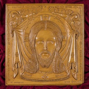 Jesus Christ Agion Mandilion with Angels Aromatic Christian Wall Icon Plaque made with pure beeswax mastic and incense