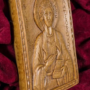 St Saint Panteleimon Pantaleon Aromatic hand-carved Christian Wall Icon Plaque made with pure beeswax mastic and incense image 2