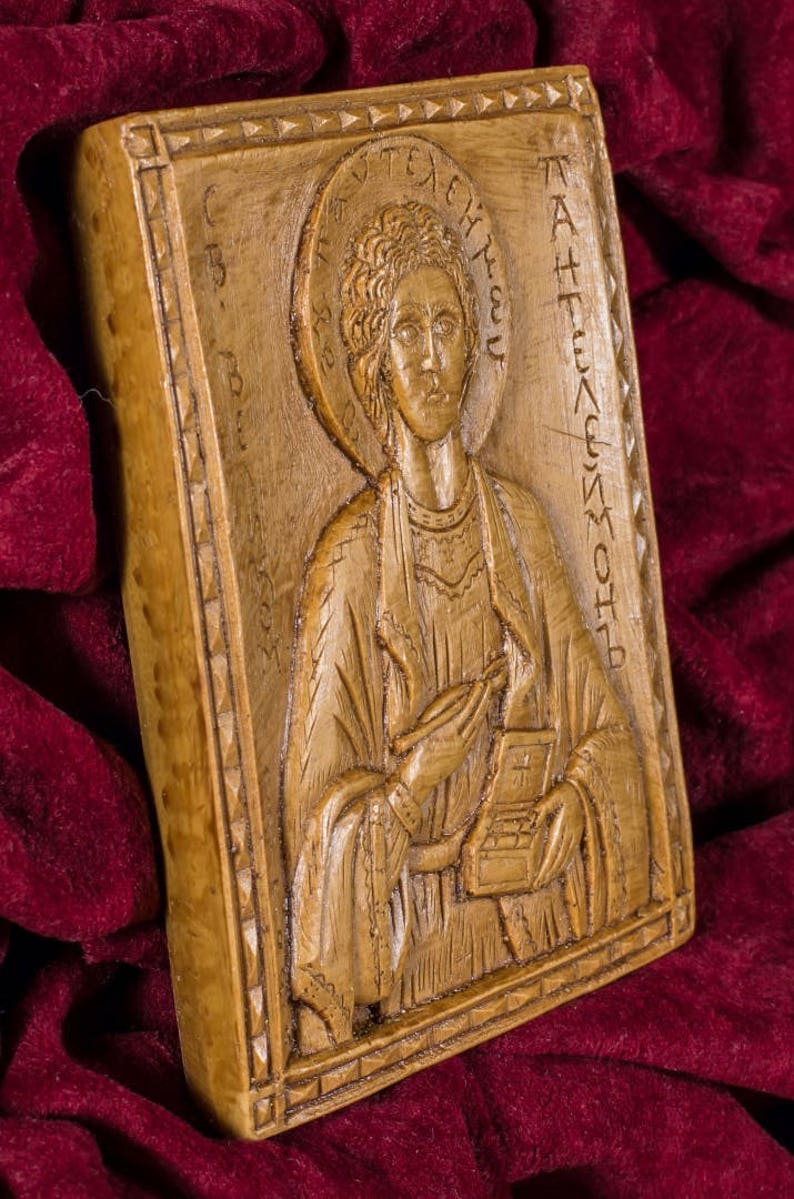 St Saint Panteleimon Pantaleon Aromatic hand-carved Christian Wall Icon Plaque made with pure beeswax mastic and incense image 2