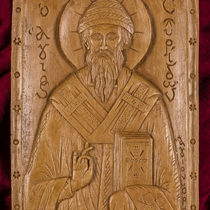 Saint Spyridon Trimythous Aromatic Christian Wall Icon Plaque made with pure beeswax mastic and incense image 1