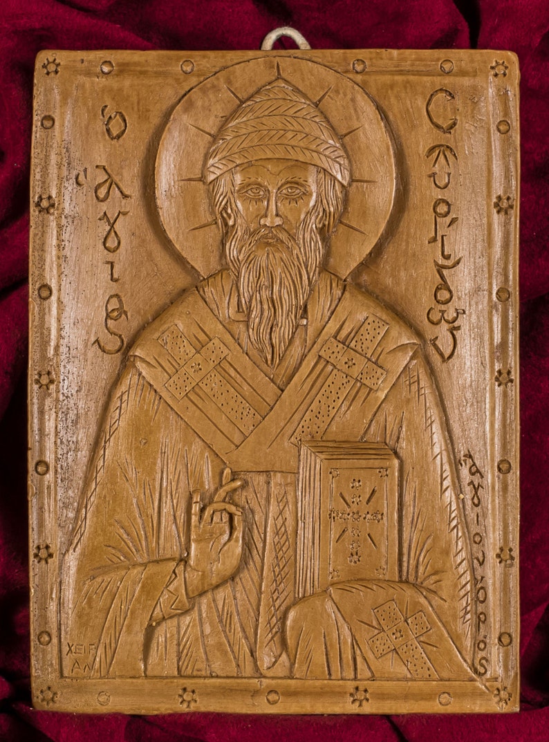 Saint Spyridon Trimythous Aromatic Christian Wall Icon Plaque made with pure beeswax mastic and incense image 1