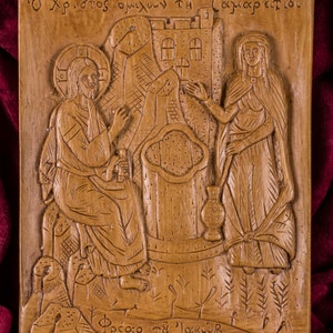Jesus and the Samaritan woman at Jacob’s Well Aromatic Christian Wall Icon Plaque made with pure beeswax mastic and incense
