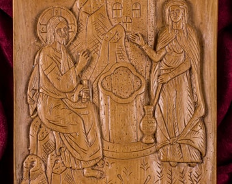 Jesus and the Samaritan woman at Jacob’s Well Aromatic Christian Wall Icon Plaque made with pure beeswax mastic and incense