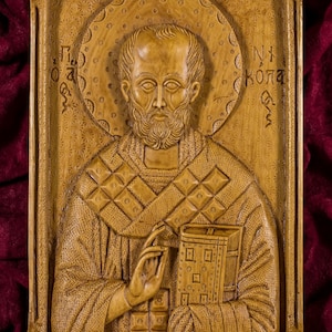 Saint Nicholas Aromatic Christian Wall Icon Plaque made with pure beeswax mastic and incense