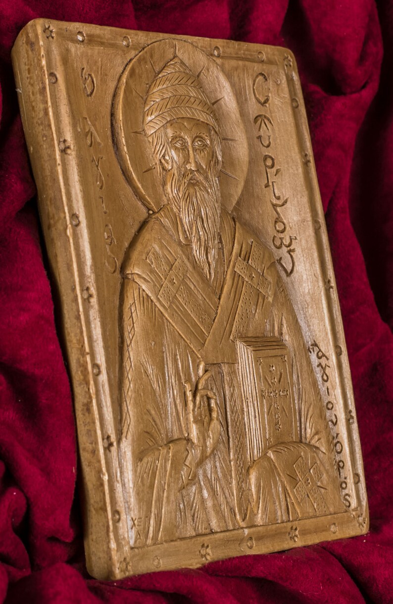 Saint Spyridon Trimythous Aromatic Christian Wall Icon Plaque made with pure beeswax mastic and incense image 2