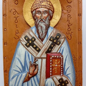 Hand Painted Unique Icon of St. Spyridon Trimythous Aromatic Christian Wall Plaque made with pure beeswax mastic incense