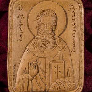 Saint Athanasius Athanasios Aromatic Christian Wall Icon Plaque made with pure beeswax mastic and incense from Mount Athos