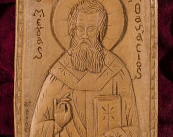 Saint Athanasius Athanasios Aromatic Christian Wall Icon Plaque made with pure beeswax mastic and incense from Mount Athos