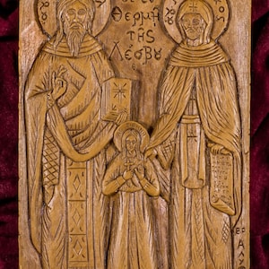 Saint Raphael Nicholas en Irene aromatische christelijk muur pictogram plaquette gemaakt met zuivere bijenwas mastiek en wierook