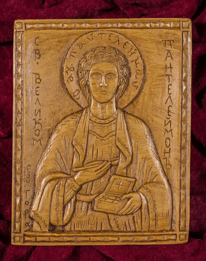 St Saint Panteleimon Pantaleon Aromatic hand-carved Christian Wall Icon Plaque made with pure beeswax mastic and incense image 1